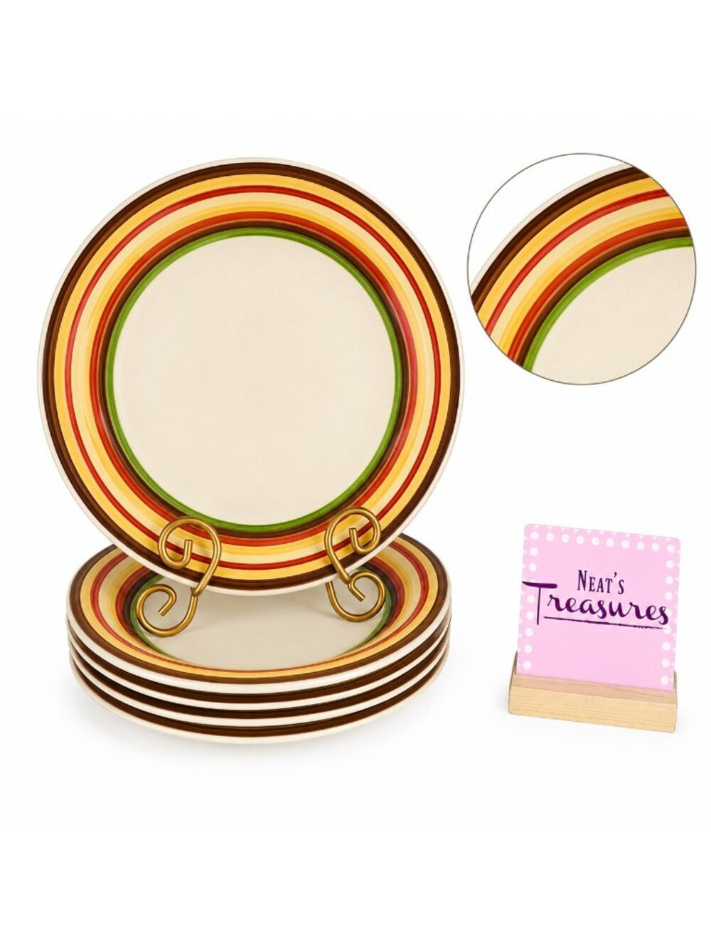 Pier 1 Imports STRIPE Hand Painted Stoneware Tan Center Fall Color Dinner Set 5